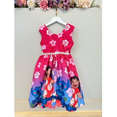 Vestido Infantil Lilo Stitch e Angel Pink Colorido Festas