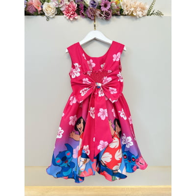 Vestido Infantil Lilo Stitch e Angel Pink Colorido Festas
