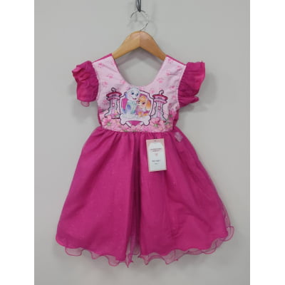 Vestido Infantil Patrulha Canina Skye Pink Saia C/ Leds Festas