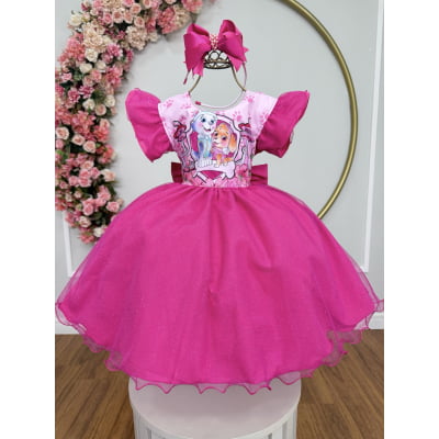 Vestido Infantil Patrulha Canina Skye Pink Saia C/ Leds Festas