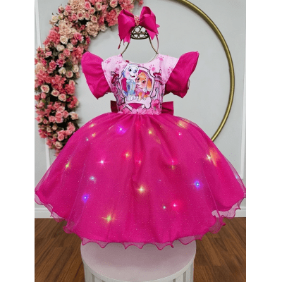 Vestido Infantil Patrulha Canina Skye Pink Saia C/ Leds Festas