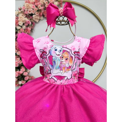 Vestido Infantil Patrulha Canina Skye Pink Saia C/ Leds Festas