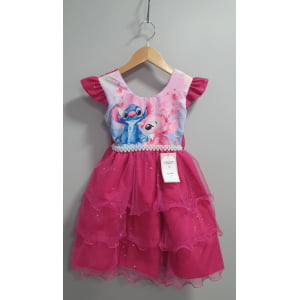 Vestido Infantil Pink Lilo Stitch e Angel Saia Babado Festas