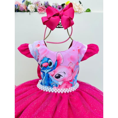 Vestido Infantil Pink Lilo Stitch e Angel Saia Babado Festas