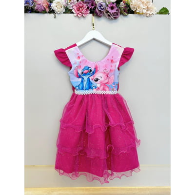 Vestido Infantil Pink Lilo Stitch e Angel Saia Babado Festas