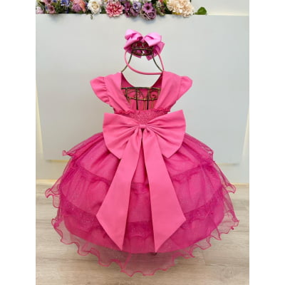 Vestido Infantil Pink Lilo Stitch e Angel Saia Babado Festas