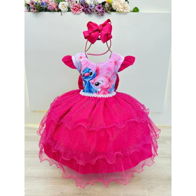 Vestido Infantil Pink Lilo Stitch e Angel Saia Babado Festas