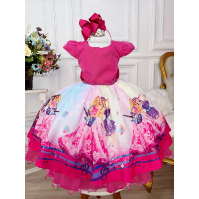 Vestido Infantil Barbie Princesa Festa Pink Peito Glitter