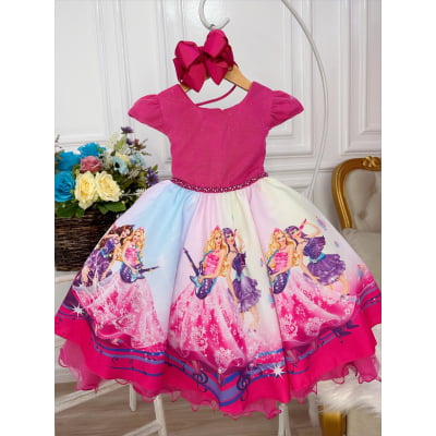 Vestido Infantil Barbie Princesa Festa Pink Peito Glitter