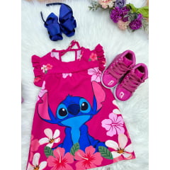 Vestido Infantil Trapézio Lilo Stitch e Angel Pink Manga Flu-Flu