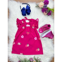Vestido Infantil Trapézio Lilo Stitch e Angel Pink Manga Flu-Flu