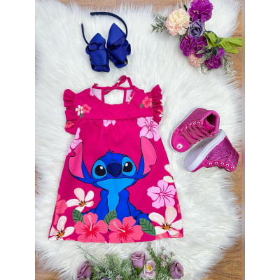 Vestido Infantil Trapézio Lilo Stitch e Angel Pink Manga Flu-Flu