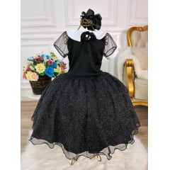 Vestido Infantil Preto Gola Branca C/ Glitter Princesas