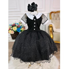 Fantasia Wandinha Infantil Preto Gola Branca C/ Glitter