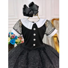 Fantasia Wandinha Infantil Preto Gola Branca C/ Glitter