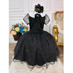 Fantasia Wandinha Infantil Preto Gola Branca C/ Glitter