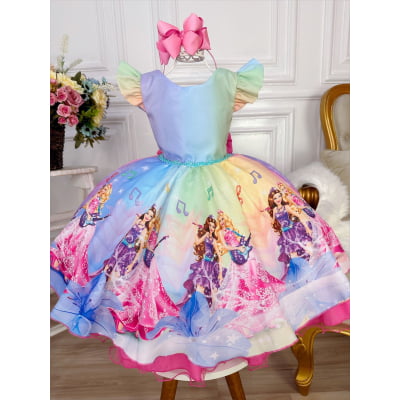 Vestido Infantil Barbie Princesa Festa Colorido Strass