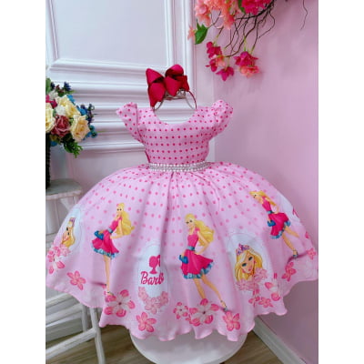 Vestido infantil Barbie Rosa C/ Cinto de Pérolas e Strass