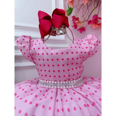 Vestido infantil Barbie Rosa C/ Cinto de Pérolas e Strass