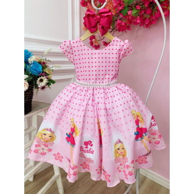 Vestido infantil Barbie Rosa C/ Cinto de Pérolas e Strass
