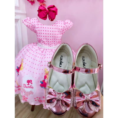 Vestido infantil Barbie Rosa C/ Cinto de Pérolas e Strass