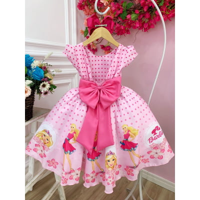 Vestido infantil Barbie Rosa C/ Cinto de Pérolas e Strass