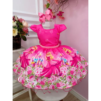 Vestido Infantil Barbie Rosa Chiclete Com Cinto de Pérolas