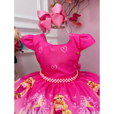 Vestido Infantil Barbie Rosa Chiclete Com Cinto de Pérolas