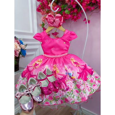 Vestido Infantil Barbie Rosa Chiclete Com Cinto de Pérolas