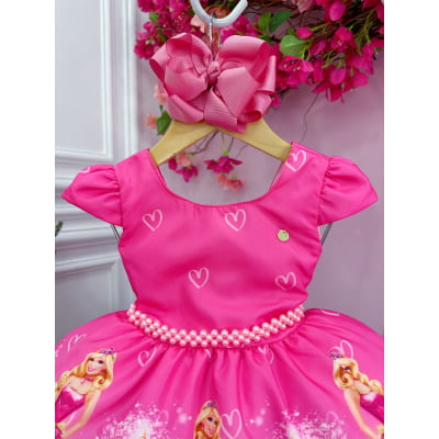 Vestido Infantil Barbie Rosa Chiclete Com Cinto de Pérolas