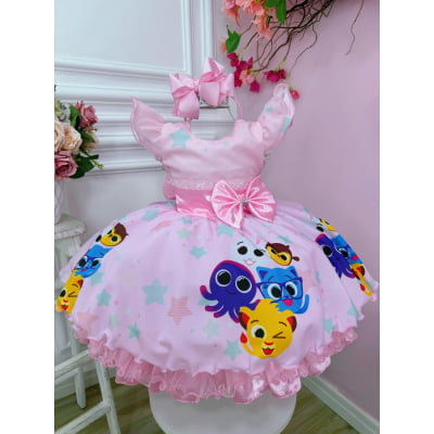 Vestido Infantil Bolofofos Rosa C/ Broche de Lacinho Luxo