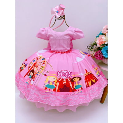 Vestido Infantil Circo Rosa Cinto Pérolas Strass Luxo