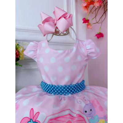 Vestido Infantil Galinha Bolinhas Brancas Rosa C/ Cinto