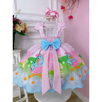 Vestido Infantil Galinha Bolinhas Brancas Rosa C/ Cinto