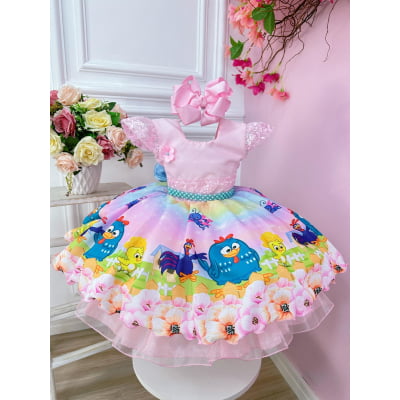 Vestido Infantil Galinha Rosa Cinto Pérolas Luxo