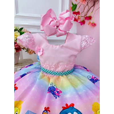 Vestido Infantil Galinha Rosa Cinto Pérolas Luxo
