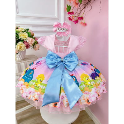 Vestido Infantil Galinha Rosa Cinto Pérolas Luxo