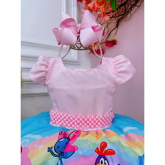 Vestido Infantil Galinha Rosa e Azul Cinto Pérolas Luxo Strass