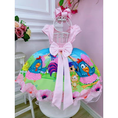 Vestido Infantil Galinha Rosa e Azul Cinto Pérolas Luxo Strass