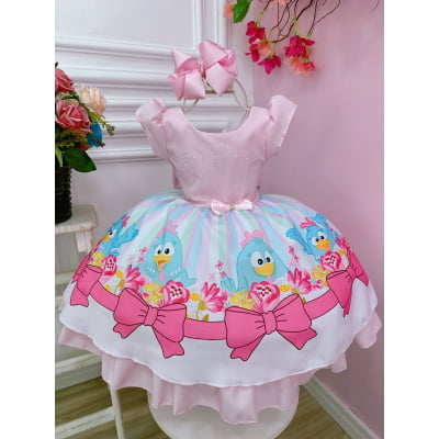 Vestido Infantil Galinha Rosa e Azul Peito Com Strasss