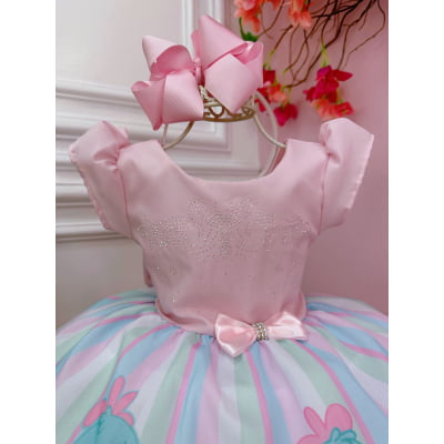 Vestido Infantil Galinha Rosa e Azul Peito Com Strasss