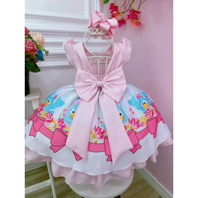 Vestido Infantil Galinha Rosa e Azul Peito Com Strasss