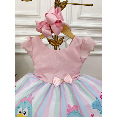 Vestido Infantil Galinha Rosa e Azul Peito Com Strasss