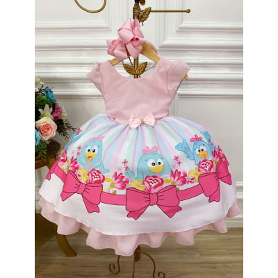 Vestido Infantil Galinha Rosa e Azul Peito Com Strasss