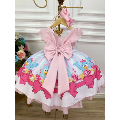 Vestido Infantil Galinha Rosa e Azul Peito Com Strasss
