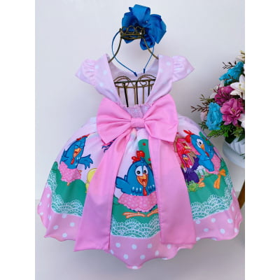 Vestido Infantil Galinha Rosa Luxo Festas Bolinhas