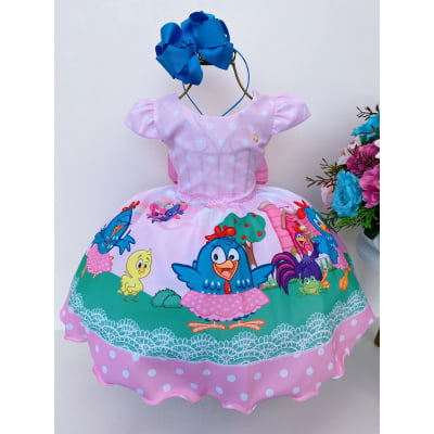 Vestido Infantil Galinha Rosa Luxo Festas Bolinhas