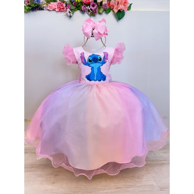 Vestido Infantil Lilo Stitch e Angel Rosa Saia Colorida