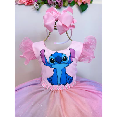 Vestido Infantil Lilo Stitch e Angel Rosa Saia Colorida