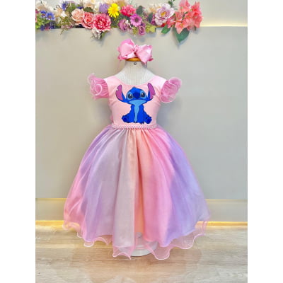 Vestido Infantil Lilo Stitch e Angel Rosa Saia Colorida